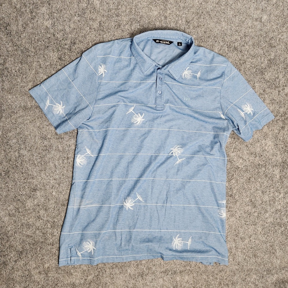 travis mathew Golf Polo Shirt Men‎ XL Blue White Palm Tree Print Slim Fit Beach